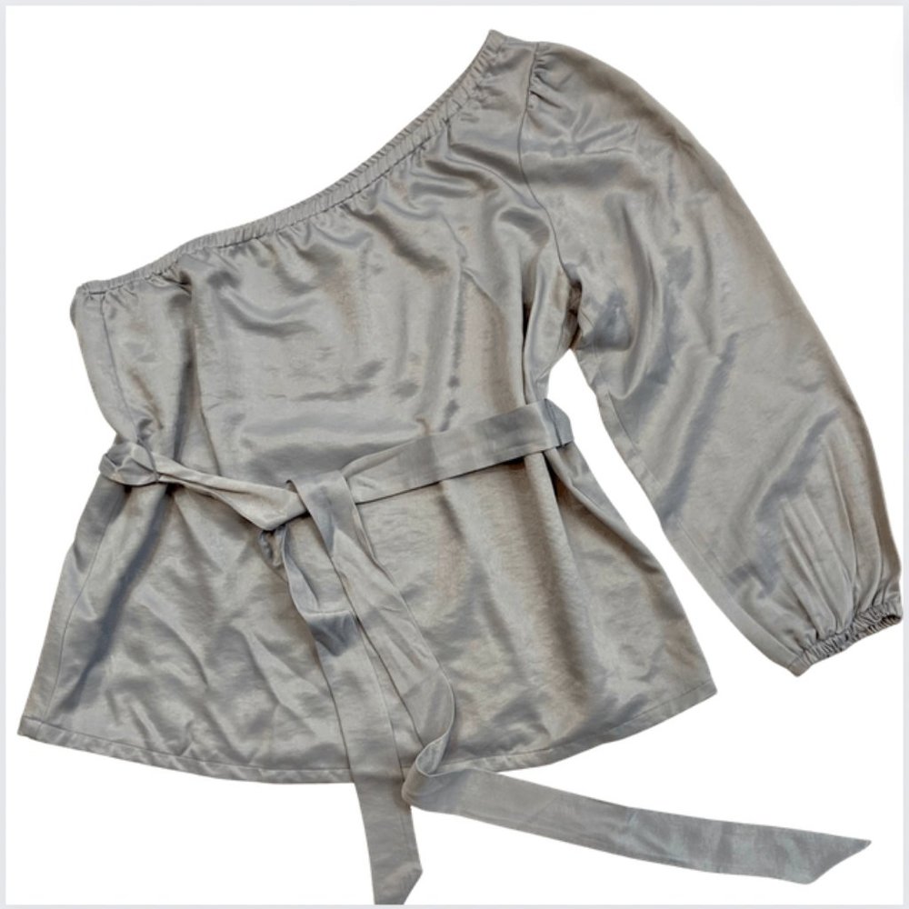Ann Taylor One Shoulder Silver Gray Long Sleeve Tunic Blouse with Waist Tie, LP